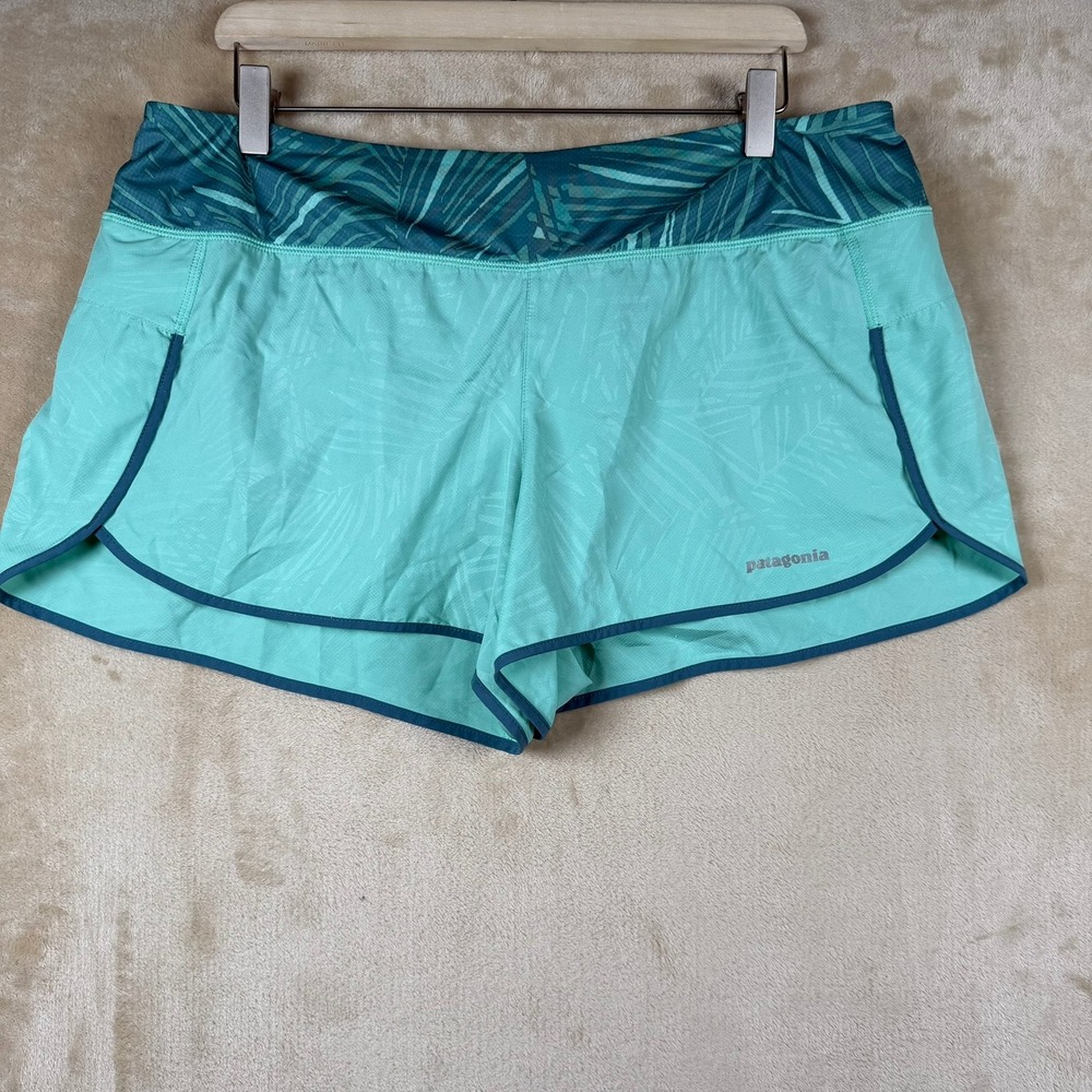 Patagonia Strider Pro Running Shorts Womens XL Teal Green Tropical Palm Print